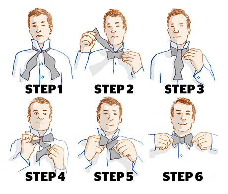 illustrated instructions on how to tie a bow tie in six steps