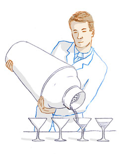 illustratie van de mens die een reuzepartij martini mengt