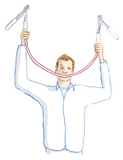 man holding jumper cables over his head