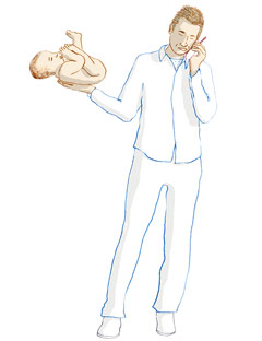 illustratie van een mens die op de celtelefoon spreekt en een baby met één hand houdt