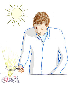illustratie van een mens die een vergrootglas met behulp van om een stuk van vlees te koken