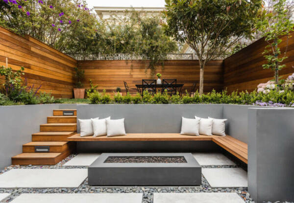 modern backyard paver patio wooden wall ideas